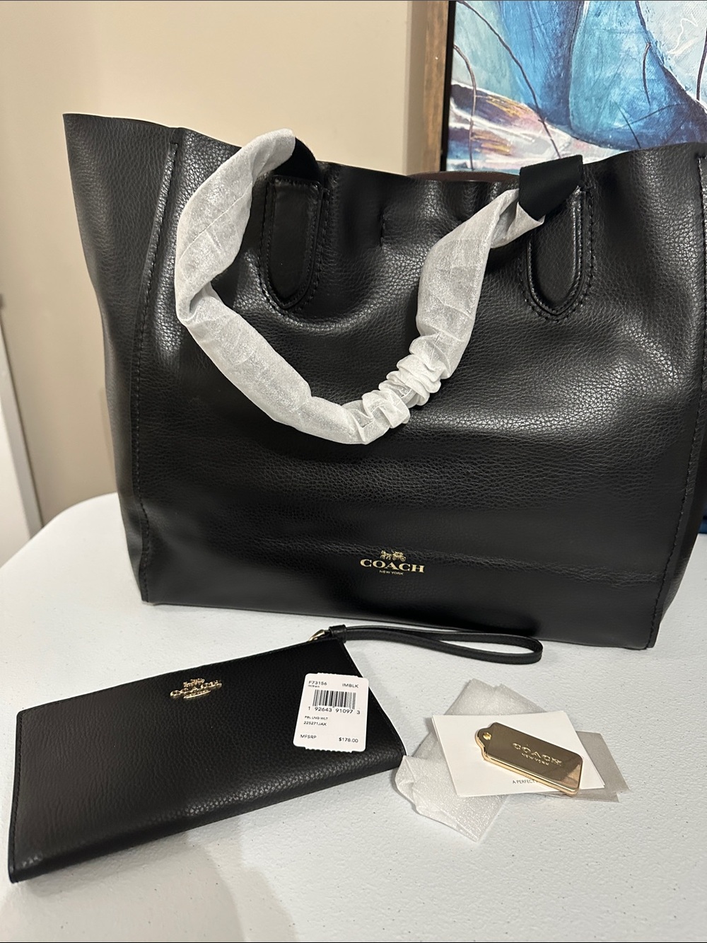 Coach Black Leather Tote with Matching Black Wristlet and Gold Logo